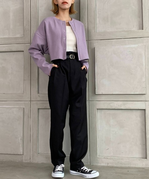 moment+(モーメントプラス)の「TRギャバ ハイウエストツータックパンツ(合皮ベルト付き)(スラックス・レディース・ブラック/ネイビー/モカ/杢グレー・M)」の7枚目の写真