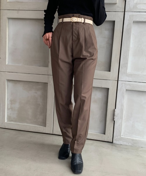 moment+(モーメントプラス)の「TRギャバ ハイウエストツータックパンツ(合皮ベルト付き)(スラックス・レディース・ブラック/ネイビー/モカ/杢グレー・M)」の18枚目の写真
