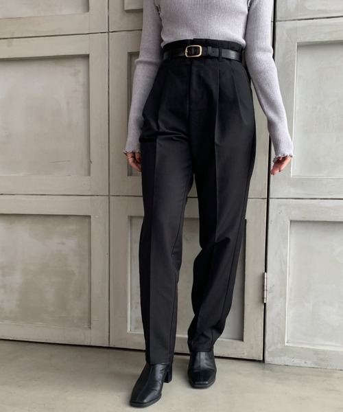 moment+(モーメントプラス)の「TRギャバ ハイウエストツータックパンツ(合皮ベルト付き)(スラックス・レディース・ブラック/ネイビー/モカ/杢グレー・M)」の8枚目の写真