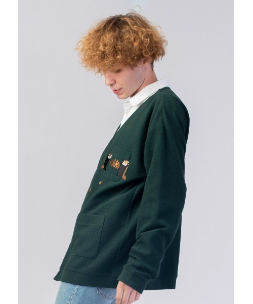 Design Tshirts Store graniph（デザイン　ティーシャツ　ストア　グラニフ）の「スレットレッドパンダ｜フロントデザインカーディガン（カーディガン/ボレロ・メンズ・グリーン・SMALL/MEDIUM/LARGE）」の5枚目の写真