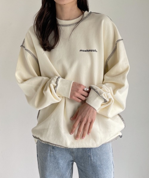 muahmuah(ムーアムーア)の「【muah muah /ムーアムーア】SIGNATURE LOGO LINE NAPPING MTM(スウェット・レディース・ブラック/グレー/インディゴブルー/クリーム/ピンク/パープル/カーキ・FREE)」の3枚目の写真