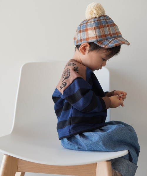 MAKE YOUR DAY(メイクユアデイ)の「肩切替ボーダー裏毛トレーナー■80~140cm(スウェット・キッズ・ネイビー/グレー・130/80/100/120/90/110/140)」の2枚目の写真