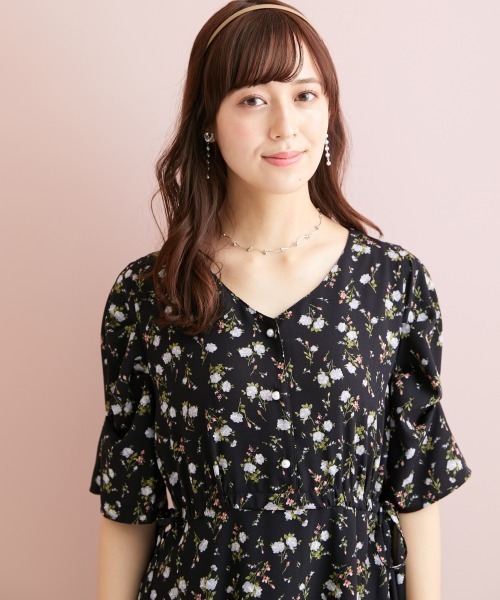 大きいサイズ＞ サイドドロストフラワープリントワンピース