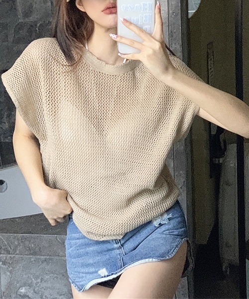 SEN TOKYO（セントーキョー）の「程よい抜け感。軽量メッシュニットTシャツ（Tシャツ/カットソー・レディース・ブラック/カーキ/ベージュ・FREE）」の3枚目の写真
