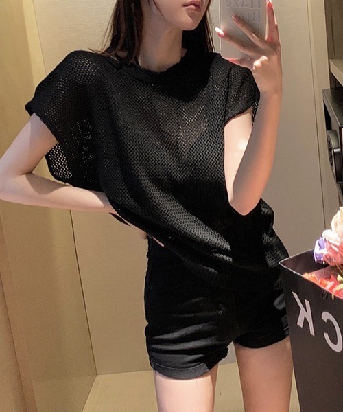 SEN TOKYO（セントーキョー）の「程よい抜け感。軽量メッシュニットTシャツ（Tシャツ/カットソー・レディース・ブラック/カーキ/ベージュ・FREE）」の5枚目の写真