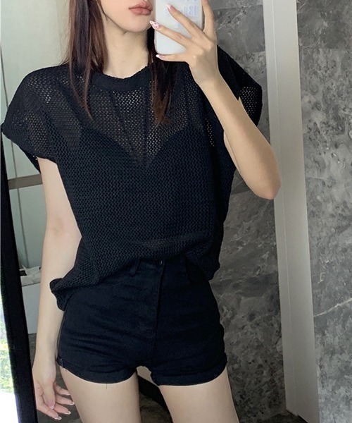 SEN TOKYO（セントーキョー）の「程よい抜け感。軽量メッシュニットTシャツ（Tシャツ/カットソー・レディース・ブラック/カーキ/ベージュ・FREE）」の7枚目の写真