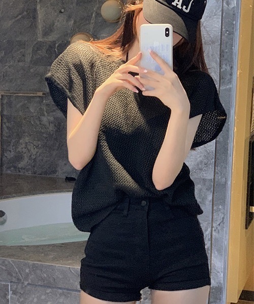 SEN TOKYO（セントーキョー）の「程よい抜け感。軽量メッシュニットTシャツ（Tシャツ/カットソー・レディース・ブラック/カーキ/ベージュ・FREE）」の9枚目の写真