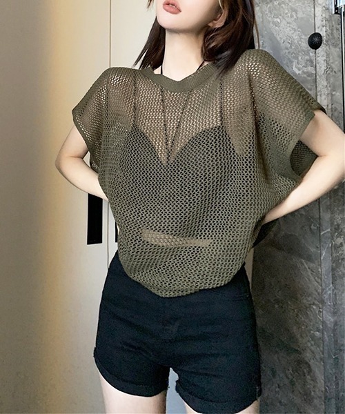 SEN TOKYO（セントーキョー）の「程よい抜け感。軽量メッシュニットTシャツ（Tシャツ/カットソー・レディース・ブラック/カーキ/ベージュ・FREE）」の10枚目の写真
