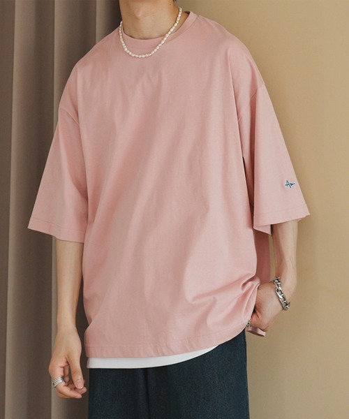 ADAMASTE（アダマスト）の「ワンポイントロゴ刺繍ビッグTEE（Tシャツ/カットソー・メンズ・グレイッシュベージュ/エメラルド/ブラック/ブルー/ピンク/ライトグレー・SMALL/MEDIUM/LARGE）」の6枚目の写真