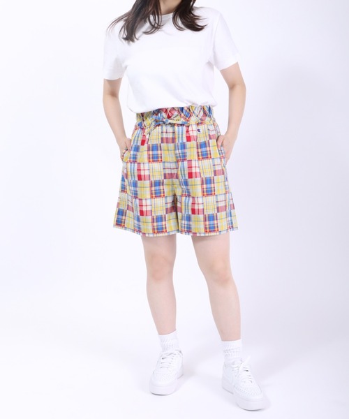 カラフルチェック柄キュロットパンツパッチワーク Right-on マルチカラー パッチワーク柄 チェック柄 ショート