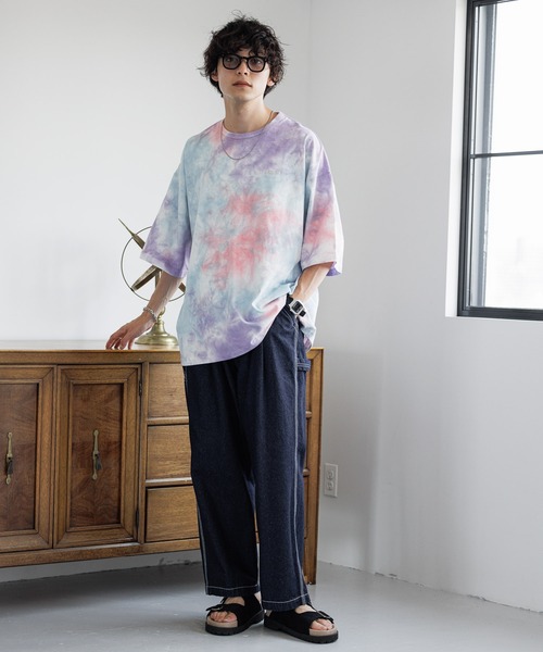 SIGNAL SPORTS（シグナルスポーツ）の「【SIGNAL SPORTS】ワンポイント刺繍/タイダイ染めTシャツ（Tシャツ/カットソー・メンズ・ベージュ/パープル・MEDIUM/LARGE）」の8枚目の写真