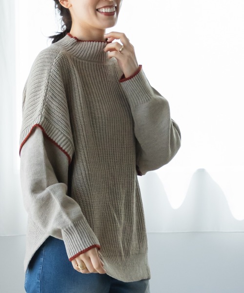 pairmanon（ペアマノン）の「【ママサイズ】モックネック 袖切り替え ニット プルオーバー（ニット/セーター・レディース・ブラウン/ベージュ/アイボリー・FREE）」の3枚目の写真