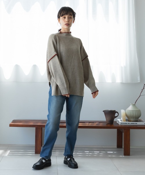 pairmanon（ペアマノン）の「【ママサイズ】モックネック 袖切り替え ニット プルオーバー（ニット/セーター・レディース・ブラウン/ベージュ/アイボリー・FREE）」の8枚目の写真