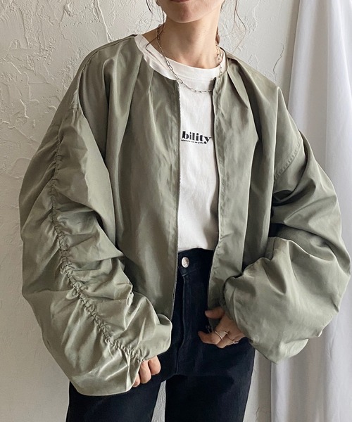 todayful ノーカラーブルゾン38MA-1風M薄手袖シャーリング春アウター セール】ノーカラーボリューム袖シャーリングスリーブショートブルゾン
