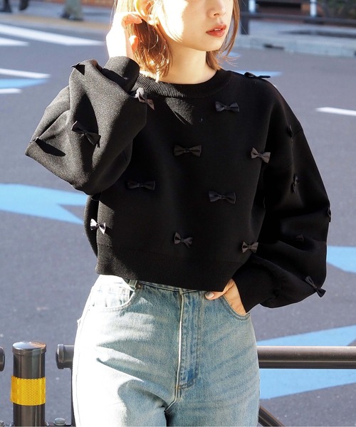 tiptop（ティップトップ）の「リボン付きショート丈ニット（ニット/セーター・レディース・チャコールグレー/ブラック/アイボリー・FREE）」の14枚目の写真