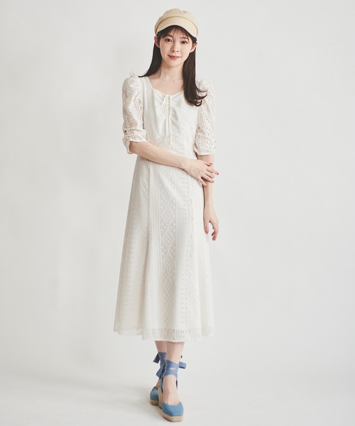 レリアン　2024SS　裾レースワンピース　大きいサイズ　刺繍　ギャザー　フレア レリアン 2024SS 裾レースワンピース 大きいサイズ 刺繍