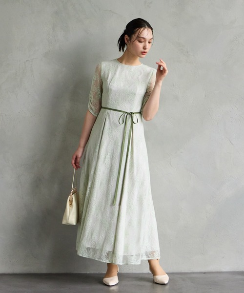 サテンリボンラメレース袖付きミモレパーティードレス 結婚式 お呼ばれ