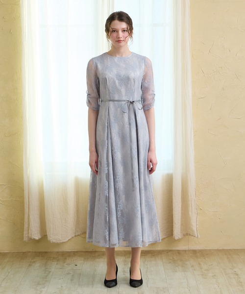 サテンリボンラメレース袖付きミモレパーティードレス 結婚式 お呼ばれ