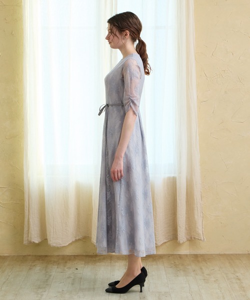 サテンリボンラメレース袖付きミモレパーティードレス 結婚式 お呼ばれ