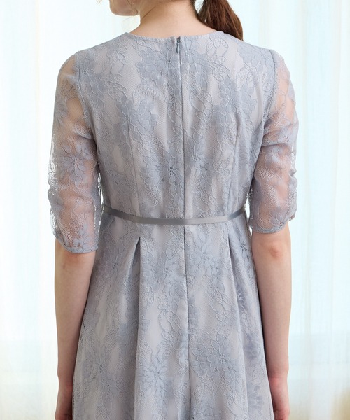 サテンリボンラメレース袖付きミモレパーティードレス 結婚式 お呼ばれ