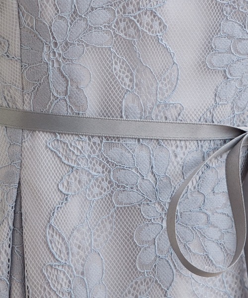 サテンリボンラメレース袖付きミモレパーティードレス 結婚式 お呼ばれ