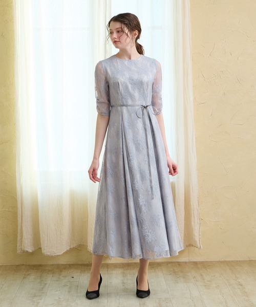 セール】サテンリボンラメレース袖付きミモレパーティードレス 結婚式