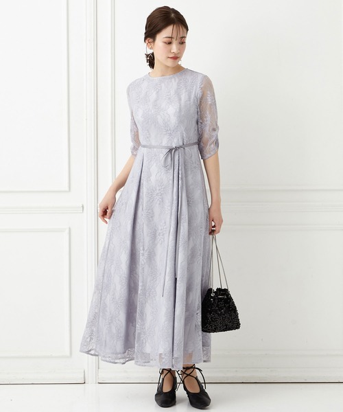 サテンリボンラメレース袖付きミモレパーティードレス 結婚式 お呼ばれ