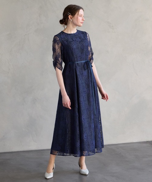 AIMER(エメ)の「サテンリボンラメレース袖付きミモレパーティードレス 結婚式 お呼ばれ ドレス 20代 30代 40代(ドレス・レディース・サックスブルー/ライトグリーン/ピンクベージュ/ネイビー/サックスブルー系・SMALL/MEDIUM/LARGE)」の22枚目の写真