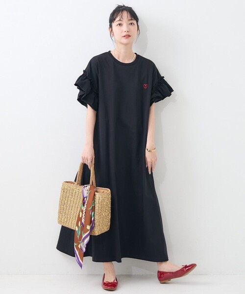 セール】ワンポイントハート刺繍 袖フリルワンピース/カット