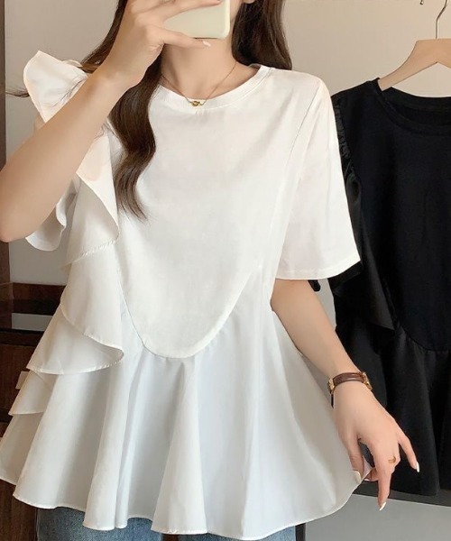 deux amour(ドゥーザムール)の「カシュクールフリルアシメデザインTシャツ(Tシャツ/カットソー・レディース・ブラック/ホワイト・FREE)」の8枚目の写真