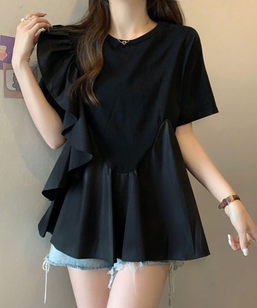 deux amour(ドゥーザムール)の「カシュクールフリルアシメデザインTシャツ(Tシャツ/カットソー・レディース・ブラック/ホワイト・FREE)」の12枚目の写真