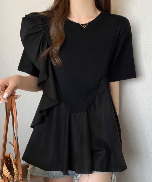 deux amour(ドゥーザムール)の「カシュクールフリルアシメデザインTシャツ(Tシャツ/カットソー・レディース・ブラック/ホワイト・FREE)」の13枚目の写真