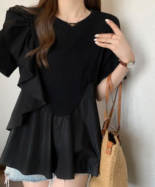 deux amour(ドゥーザムール)の「カシュクールフリルアシメデザインTシャツ(Tシャツ/カットソー・レディース・ブラック/ホワイト・FREE)」の14枚目の写真
