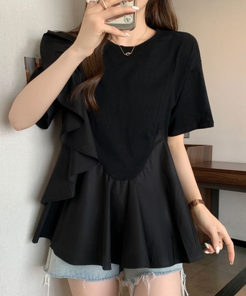 deux amour(ドゥーザムール)の「カシュクールフリルアシメデザインTシャツ(Tシャツ/カットソー・レディース・ブラック/ホワイト・FREE)」の10枚目の写真