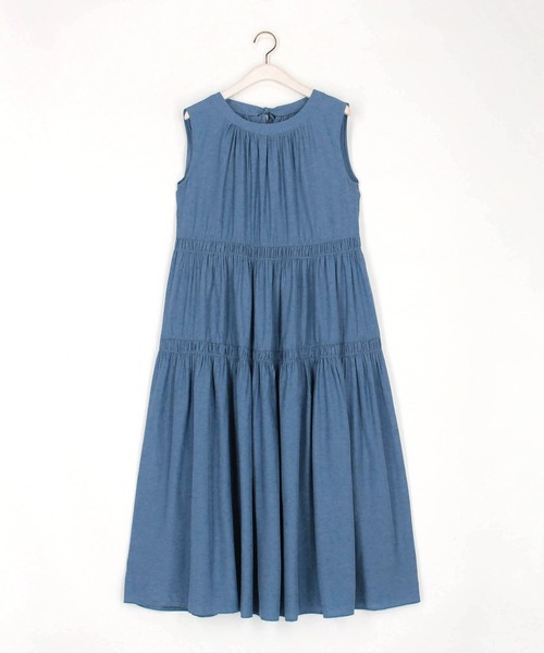 【海外限定】GinaBacconi ワンピース☆Blue Eva Marie Collarles GEOMETRIC PLEATED ONEPIECE[品番：AZLW0015590]｜AZUL BY