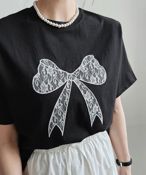 Doux Belle(ドゥーベル)の「ビックリボン刺繍Tシャツ(Tシャツ/カットソー・レディース・ホワイト/ブラック/グレー・FREE)」の6枚目の写真