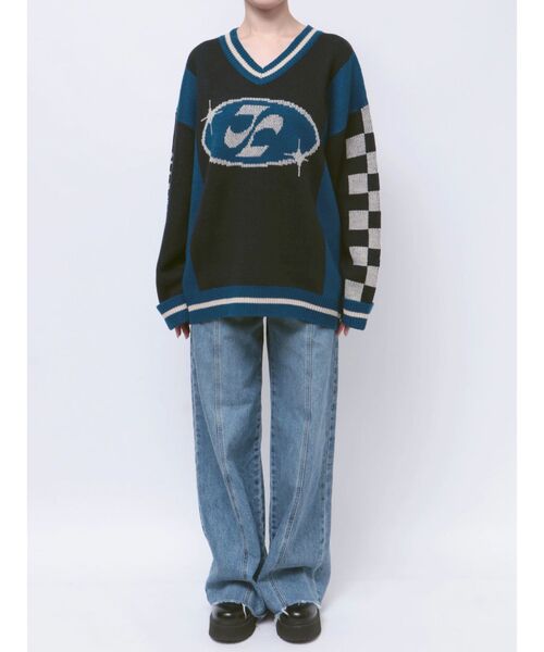 jouetie（ジュエティ）の「ラインロゴジャガードVネックニット（ニット/セーター・レディース・グレー/ブラック/グリーン・MEDIUM）」の19枚目の写真