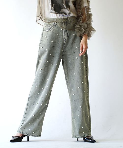 デコレーションパール ストレートデニムパンツ（デニムパンツ）｜e-zakkamania stores（イーザッカマニアストアーズ）