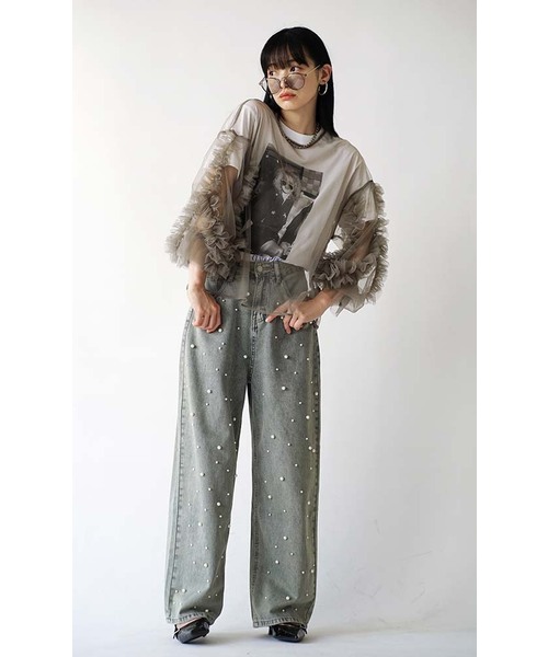 e-zakkamania stores(イーザッカマニアストアーズ)の「デコレーションパール ストレートデニムパンツ(デニムパンツ・レディース・ブルー・M)」の2枚目の写真