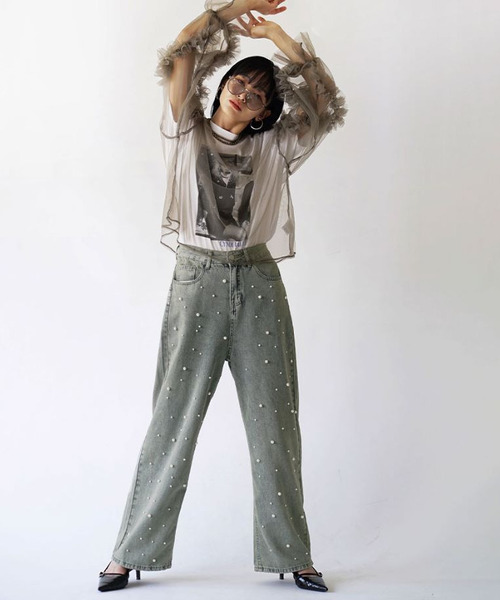 e-zakkamania stores(イーザッカマニアストアーズ)の「デコレーションパール ストレートデニムパンツ(デニムパンツ・レディース・ブルー・M)」の4枚目の写真