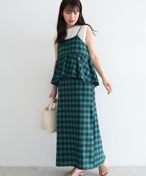 Green　Parks（グリーンパークス）の「チェックペプラムキャミワンピース（ワンピース・レディース・ライトベージュ/オレンジ/グリーン・FREE）」の2枚目の写真