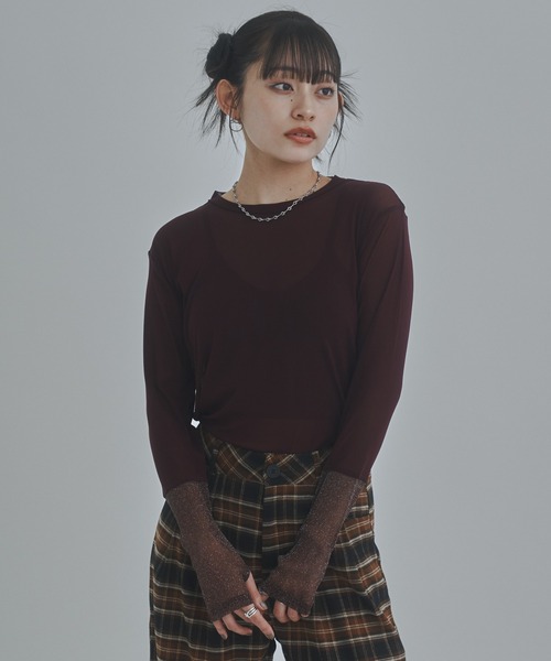 bita.(ビタ)の「ラメシアー切替トップス(Tシャツ/カットソー・レディース・チャコールグレー/ベージュ/ボルドー・FREE)」の12枚目の写真