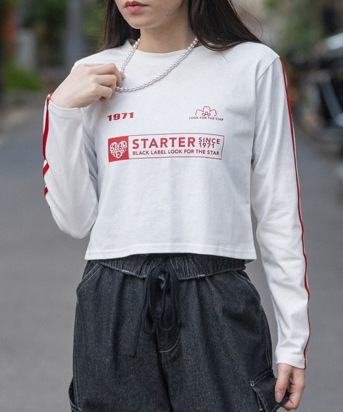 STARTER BLACK LABEL(スターターブラックレーベル)の「【t】〔STARTER BLACK LABEL〕サイドライン フロントプリント ショート丈 ロンT(Tシャツ/カットソー・レディース・ブラック/ホワイト/グリーン/ピンク・MEDIUM/LARGE)」の1枚目の写真