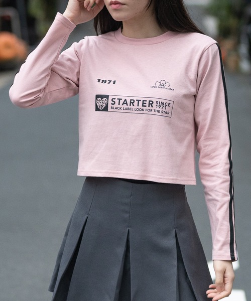 STARTER BLACK LABEL(スターターブラックレーベル)の「【t】〔STARTER BLACK LABEL〕サイドライン フロントプリント ショート丈 ロンT(Tシャツ/カットソー・レディース・ブラック/ホワイト/グリーン/ピンク・MEDIUM/LARGE)」の4枚目の写真