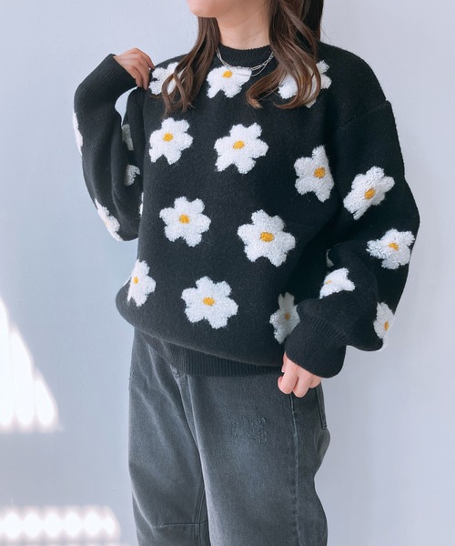 AS KNOW AS plus(アズノゥアズプラス)の「◇ぽこぽこデイジービッグサイズニットプルオーバー(ニット/セーター・レディース・杢グレー/ブルーグレー/ブラック/ミント/ラベンダー/ライトグレー・FREE)」の2枚目の写真