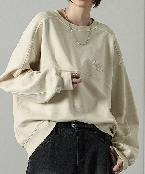 Alfred Alex(アルフレッドアレックス)の「【Alfred Alex】ヴィンテージメイクデザイン ケミカルウォッシュダメージパッチロゴスウェット(スウェット・メンズ・ブルー/ブラック/グレイッシュベージュ・M/L)」の2枚目の写真