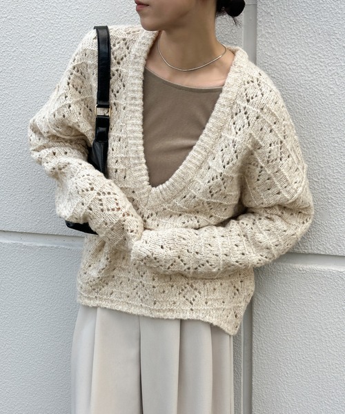 select MOCA(セレクトモカ)の「柄編みメランジVネックニット(ニット/セーター・レディース・チャコールグレー/ベージュ・FREE)」の2枚目の写真