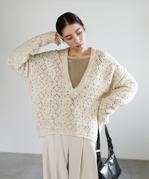 select MOCA(セレクトモカ)の「柄編みメランジVネックニット(ニット/セーター・レディース・チャコールグレー/ベージュ・FREE)」の18枚目の写真