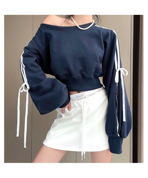 セール】サイドリボンラインワイドネックスウェットトレーナー