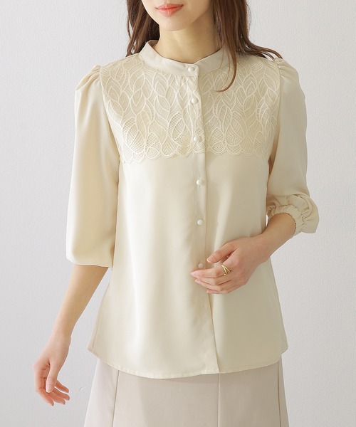 Lace Ladies(レースレディース)の「バンドカラー レース レイヤード 7分袖 フレア ブラウス(シャツ/ブラウス・レディース・アイボリー/ネイビー/ブラック/チャコールグレー・FREE/S)」の2枚目の写真